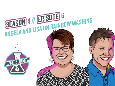 Awsomology Podcast Logo with guests Angela and Lisa